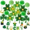 St. Patrick’s Party Supplies: 24-Piece Shamrock Hanging Decorations Set – Paper Fans, Pom Poms, Honeycombs & Lucky Banner for Ceiling & Party Decor